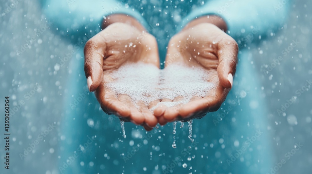 Fototapeta premium Close up of a woman s hands gently cupping water as she prepares to cleanse her face emphasizing the purity and of a peaceful self care routine