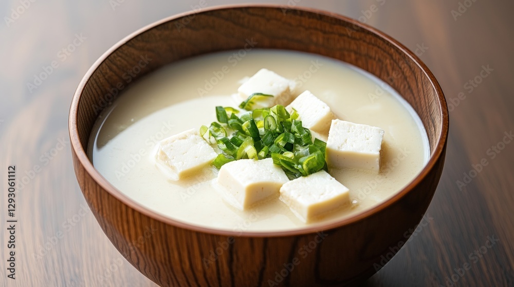 Delicious bowl of warm soup with tofu and fresh vegetables garnished with herbs for a comforting meal Delicious bowl of warm soup with tofu and fresh vegetables garnished with herbs for a comforting meal