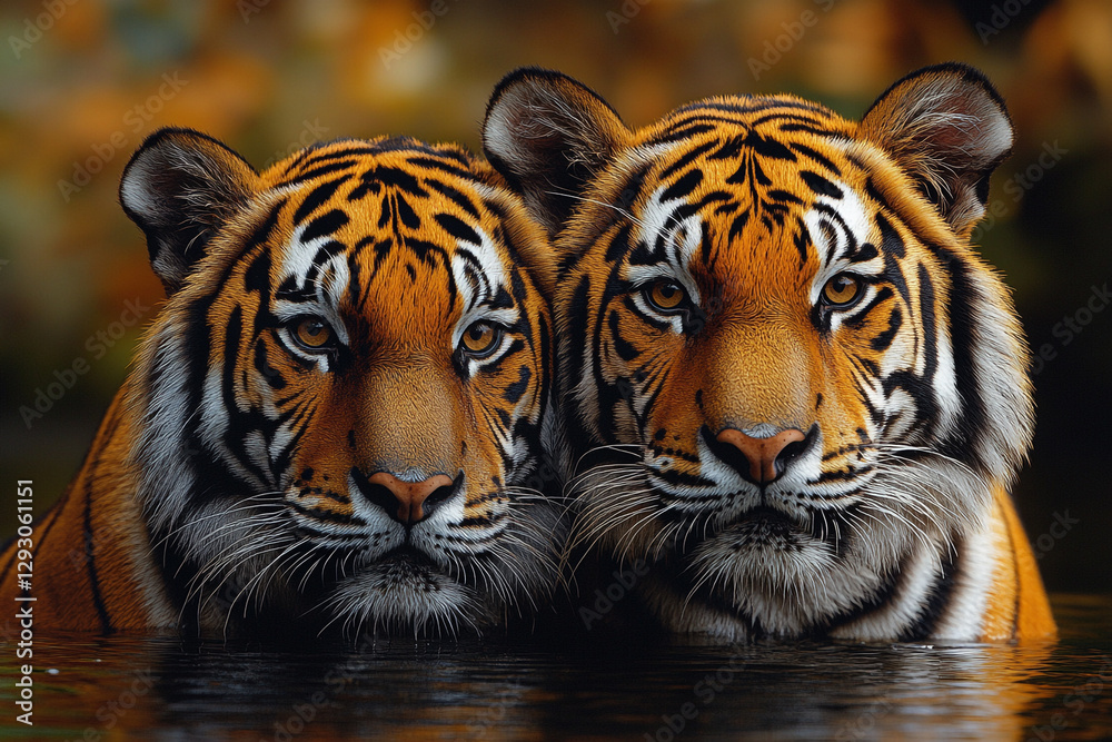 Fototapeta premium Intimate Encounter, A Striking Portrait of Two Bengals in Warm Waters