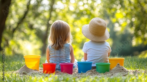 Two young children sitting with their backs to the camera, focused on building a sandcastle in a sunny kindergarten playground.  photo