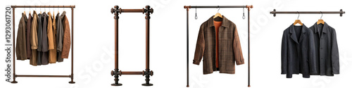An image showcasing an array of sophisticated men s jackets coats and suits neatly organized and displayed on clothing racks in a minimalist studio environment photo