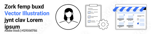 Female avatar, checklist on clipboard with gear icon, storefront interface. Ideal for business management, e-commerce, task tracking, human resources, workflow automation, online store setup project