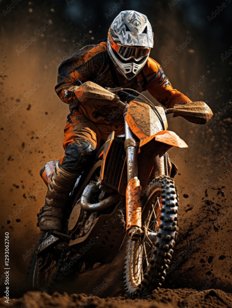 Naklejka premium Adventurous person riding a dirt bike on a rough terrain trail with dust clouds and thrilling speed in the outdoors