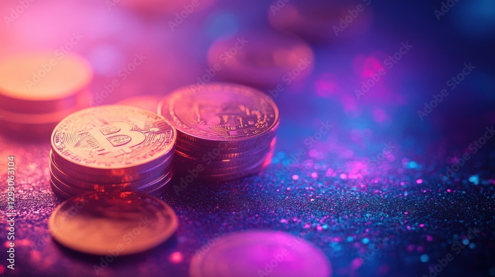 Colorful Close-Up of Bitcoin Coins Illuminated by Vibrant Neon Light, Capturing the Essence of Cryptocurrency in a Digital Marketplace Colorful Close-Up of Bitcoin Coins Illuminated by Vibrant Neon Light, Capturing the Essence of Cryptocurrency in a Digital Marketplace