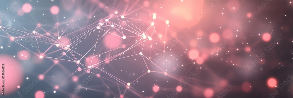 Fototapeta premium Communication network design with pink and grey dots, horizontal abstract view.