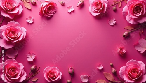 Seamless rose & petal outline; fuchsia background , rose, blossom