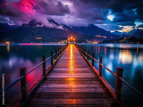 Geneva Lake Pier Montreux Switzerland Night Photography - Romantic Lakeside Scene