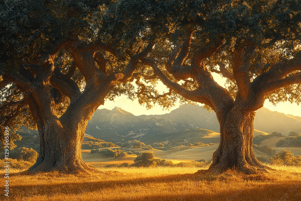 Naklejka premium Golden Hour Embrace, Ancient Trees Framing Mountain Vista in Serenity