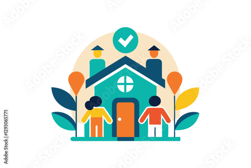 A minimalist icon representing support for homeschooling families with figures and a house symbolizing community, Icon for a homeschooling support group, minimalist simple modern vector logo design