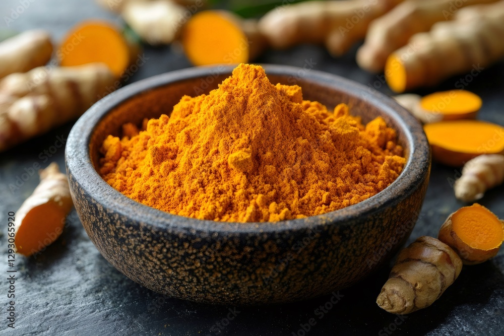 Turmeric powder in wooden bowl with fresh turmeric root Turmeric powder in wooden bowl with fresh turmeric root
