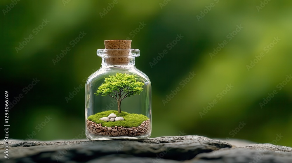 Miniature tree inside a glass bottle, set on a textured stone background. Miniature tree inside a glass bottle, set on a textured stone background.