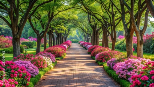 pathway in park surrounded by vibrant pink flowers with greenery and trees, serene landscape