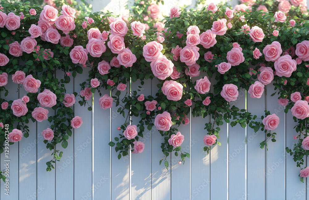 Fototapeta premium Pink roses climbing on a white wooden trellis, pink and green color palette, pink flowers in the background, detailed photorealistic image of flowers, pink roses growing on a wh