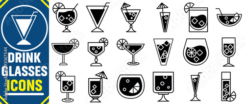 Soft Drinks and Alcohol Icon Pack. Wineglass icon set.Drink icon set. Cocktails icon set. Contains Icons of Beer, Cocktail, Bottle that Can Be Used for Design of Cards, Posts, Apps, Web Sites.