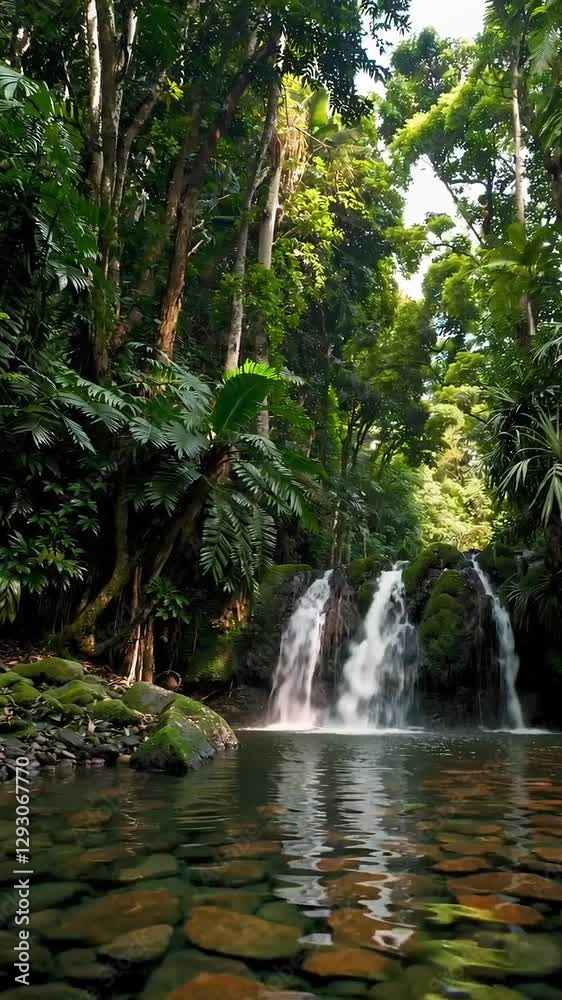 Tranquil jungle waterfall cascade surrounded by lush greenery and serene river reflection Tranquil jungle waterfall cascade surrounded by lush greenery and serene river reflection