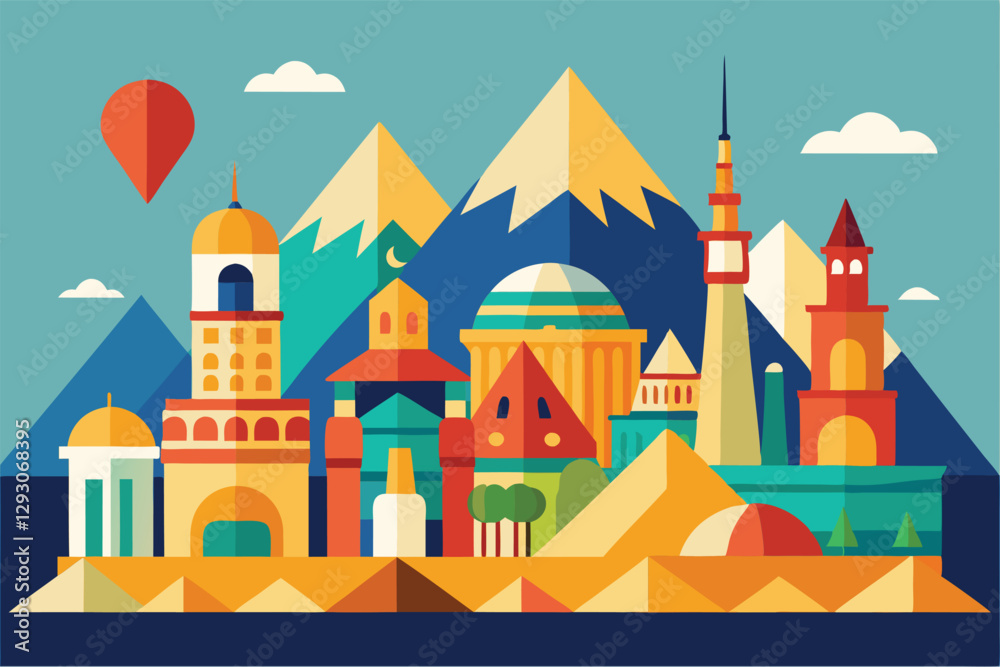 An artistic depiction of iconic global landmarks with mountains and a bright balloon above them, Iconic landmarks from around the world in a geometric style An artistic depiction of iconic global landmarks with mountains and a bright balloon above them, Iconic landmarks from around the world in a geometric style