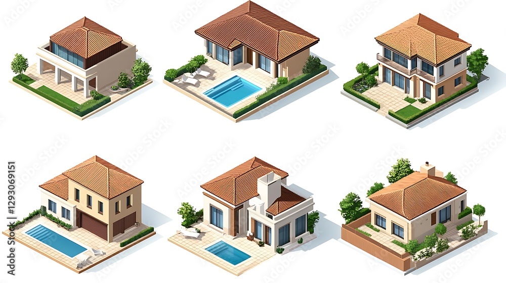 These isometric houses showcase modern design and landscaping aesthetics
