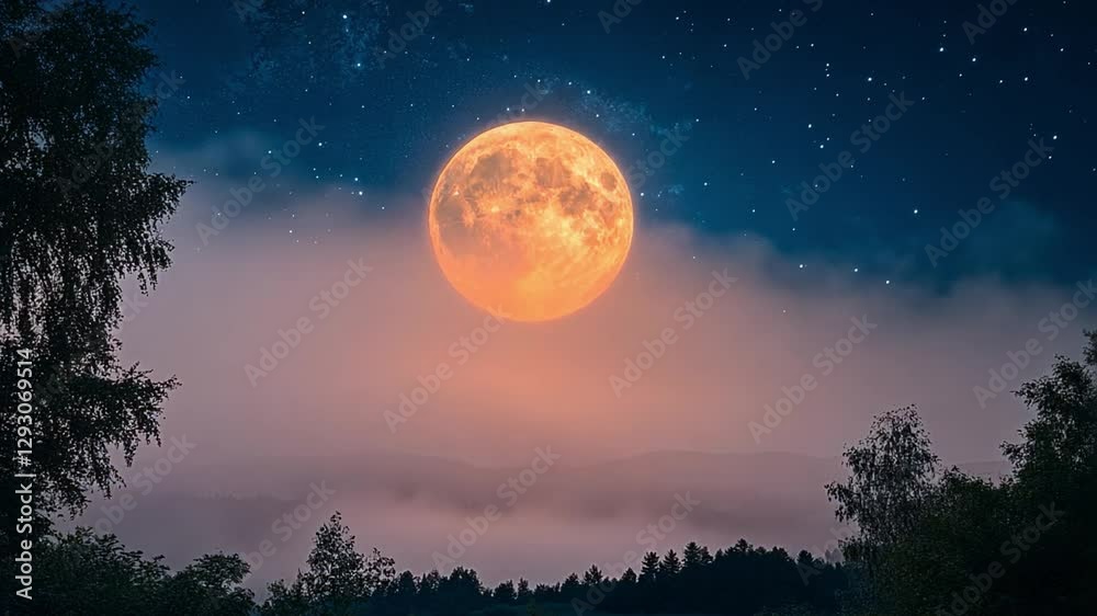 Celestial Glow: A mesmerizing full moon ascends majestically amidst a star-studded night sky. The ethereal ambiance, complemented by subtle fog and silhouetted trees. Celestial Glow: A mesmerizing full moon ascends majestically amidst a star-studded night sky. The ethereal ambiance, complemented by subtle fog and silhouetted trees.
