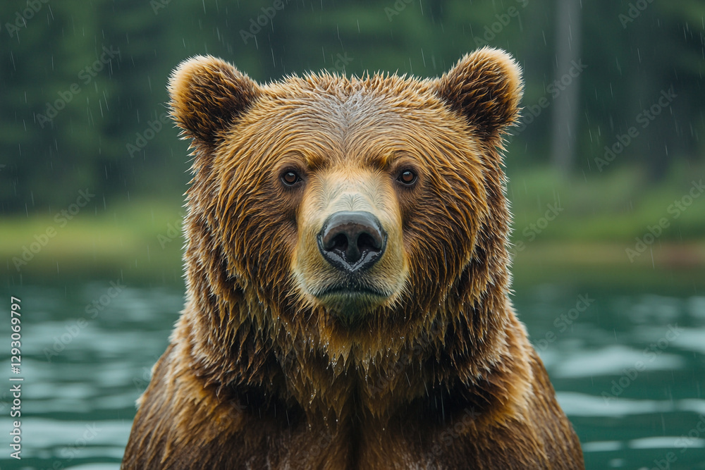 Obraz premium Grizzly's gaze under the drizzling sky, serene yet powerful wildlife moment