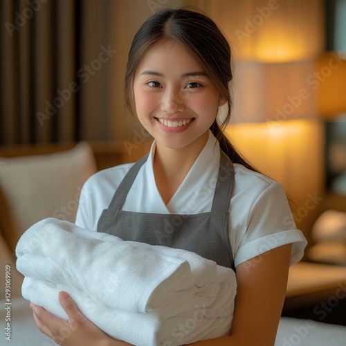 A young and beautiful Asian housekeeper in uniform stands smiling, holding white towels in the hotel room. This is a professional photograph.
