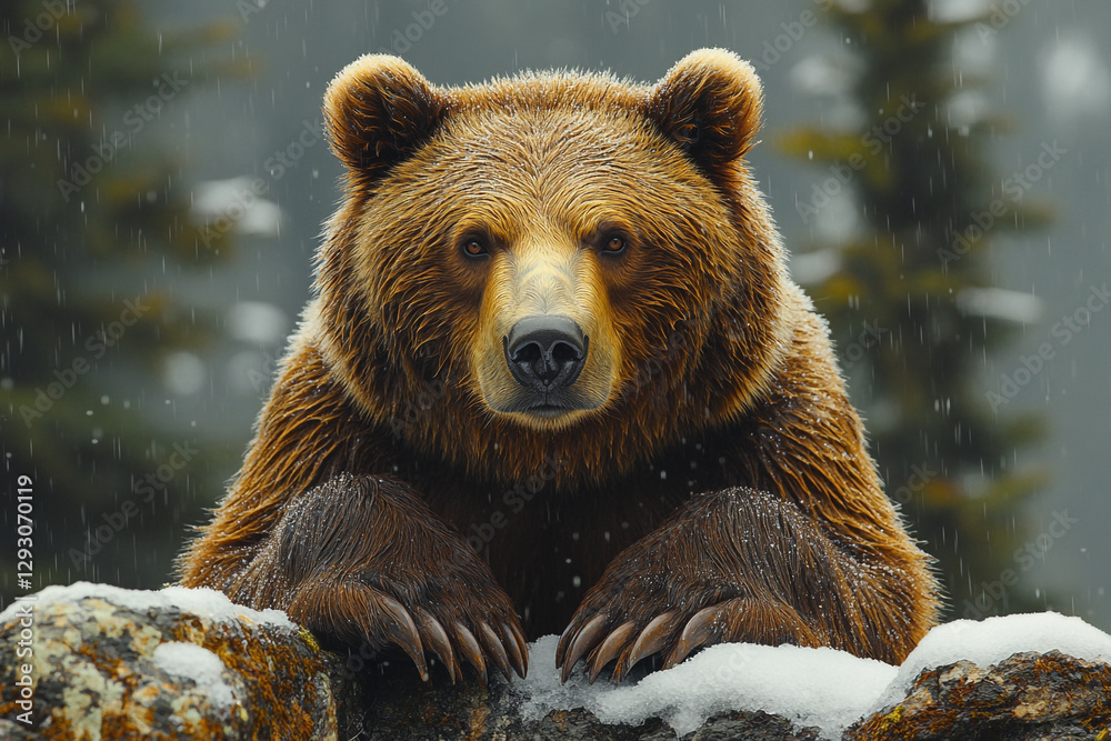 Obraz premium Grizzly Encounter, Majestic Bear in a Snowy Forest Atmosphere