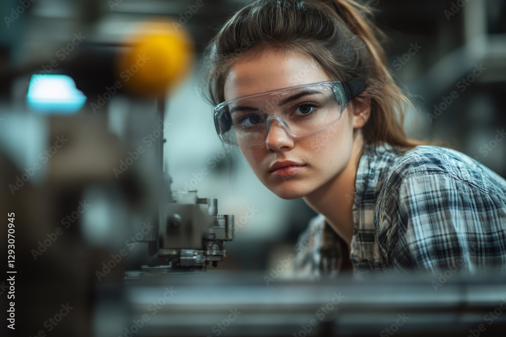 Focused female engineer working on a machine in a factory Focused female engineer working on a machine in a factory