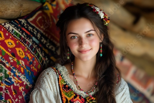 Romanian woman wearing traditional clothes smiling in front of carpet photo