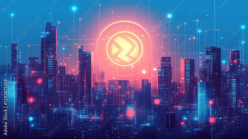Obraz premium Futuristic city skyline at night with glowing digital network connections and abstract symbol.