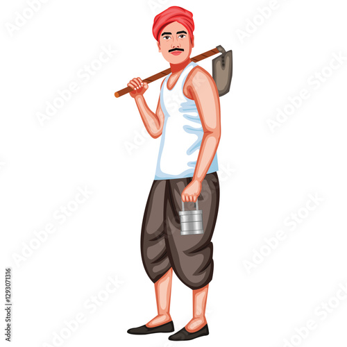 Indian Farmer Holding Hoe on His Shoulder Character Vector Illustration (Royalty Free)