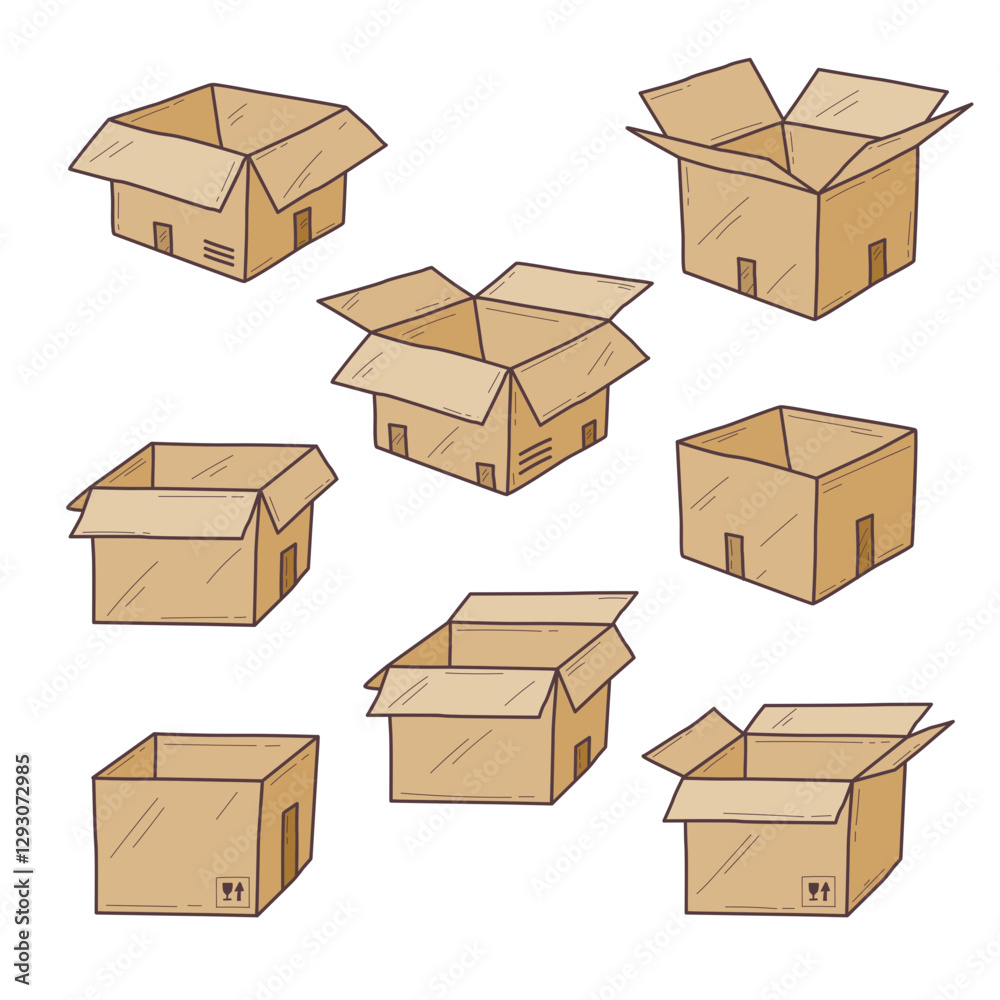 Fototapeta premium Cardboard boxes in various open and closed states convey storage and shipping concepts, transparent background.