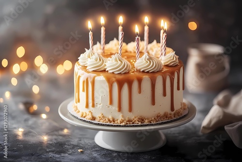 Birthday cake with colorful candles, freshly baked and decorated with icing, ready for a party with friends and family, warm and inviting, comic book style