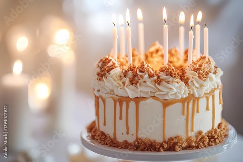 Birthday cake with colorful candles, freshly baked and decorated with icing, ready for a party with friends and family, warm and inviting, comic book style