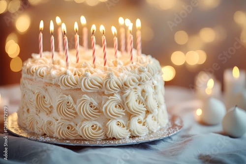 Birthday cake with colorful candles, freshly baked and decorated with icing, ready for a party with friends and family, warm and inviting, comic book style
