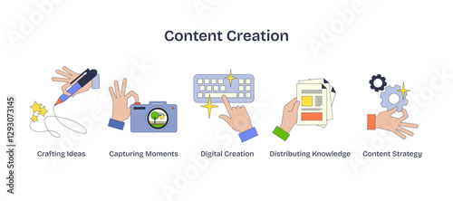 Content creation involves hands with pen, camera, and keyboard, symbolizing ideas, moments, and digital work, transparent background. Neubrutalism hands concept