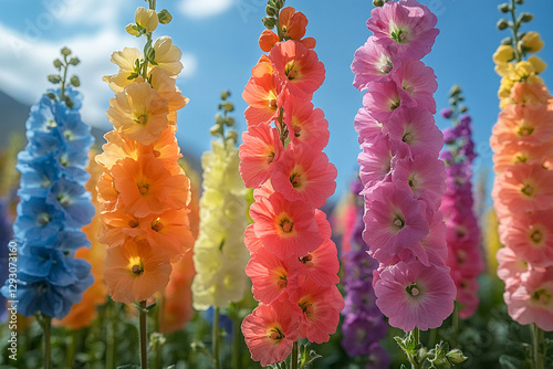 A vibrant tapestry of multicolored hollyhocks blooming under a serene sky