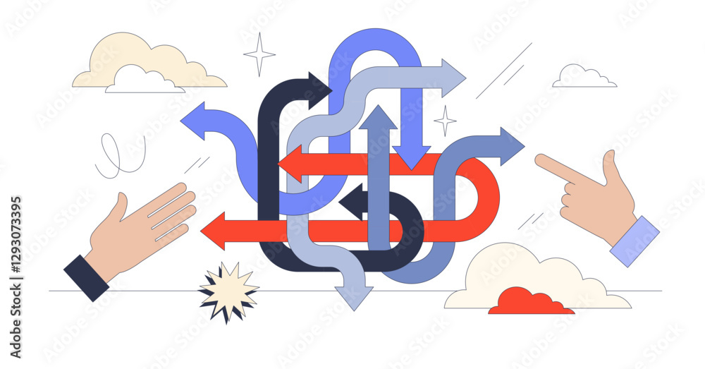 Decision-making involves navigating complex paths with guiding hands and arrows, transparent background. Neubrutalism hands concept