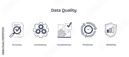 Data quality is depicted with icons for accuracy, consistency, and completeness, transparent background. Doodle style icons.