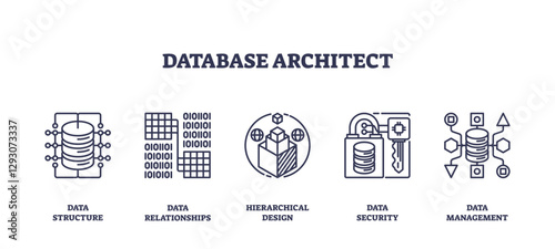 Database architecture icons outline key concepts like data structure, relationships, and security, transparent background. Outline icons set