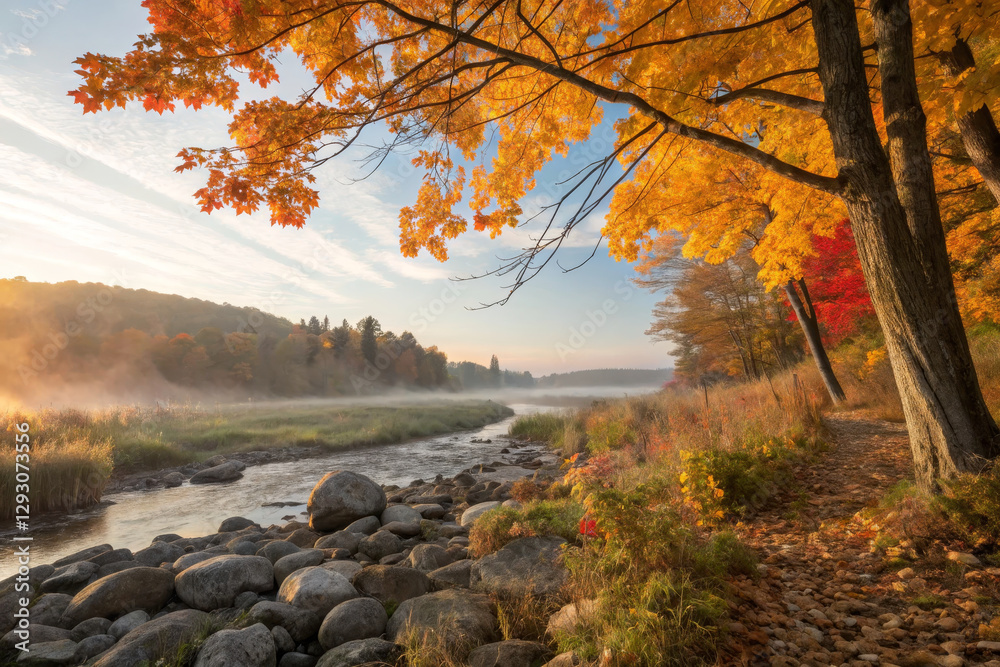 Autumn landscape with vibrant foliage and serene river view Autumn landscape with vibrant foliage and serene river view