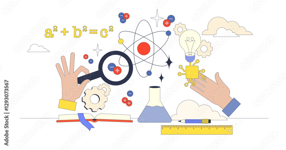 STEM education with hands exploring science and math symbols, magnifying glass, and atom, transparent background. Neubrutalism hands concept STEM education with hands exploring science and math symbols, magnifying glass, and atom, transparent background. Neubrutalism hands concept
