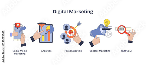Digital marketing visual with hands, charts, and icons symbolizing analytics and engagement, transparent background. Neubrutalism hands concept.