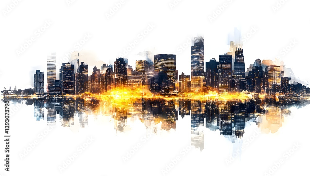 Obraz premium Night city skyline reflected on water, watercolor style, urban landscape