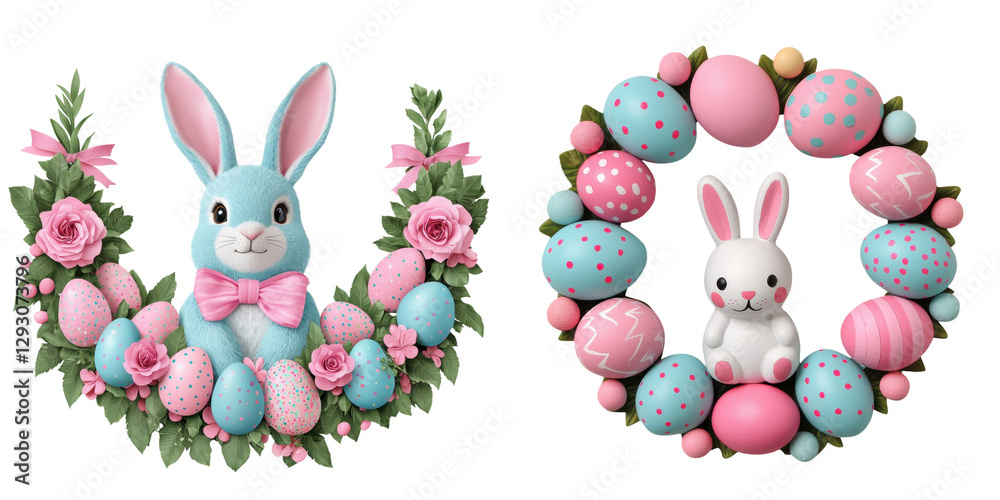 Obraz premium Colorful Easter bunnies and eggs surrounded by flowers create a festive spring scene.