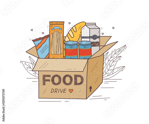 Food drive concept with a box of groceries, including pasta, bread, and canned goods, transparent background.