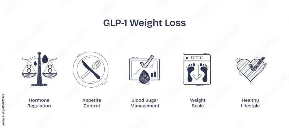 GLP-1 weight loss concept with scales, plate, and heart, transparent background. Doodle style icons. GLP-1 weight loss concept with scales, plate, and heart, transparent background. Doodle style icons.