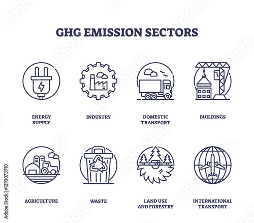 Ghg emission sectors visualized with outline icons, featuring energy supply, industry, and transport, transparent background. Outline icons set
