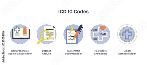ICD 10 Codes icons with book, checklist, and globe symbolize medical classification and global standardization, transparent background.
