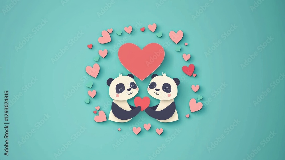 Fototapeta premium A pair of cute panda bears holding red hearts.