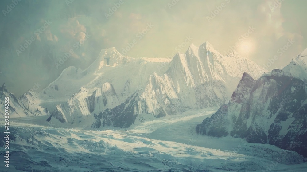 custom made wallpaper toronto digitalVintage oil painting style, neutral colours, light highlights, soft tones depicting a beautiful arctic glacier sunset scene. 