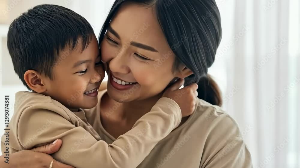 Mother and son share loving embrace with joyful smiles Mother and son share loving embrace with joyful smiles